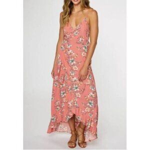 Oneill Viola Wrap Dress Womens Large Pink Floral Ruffle Hi Low Hem Boho Peasant